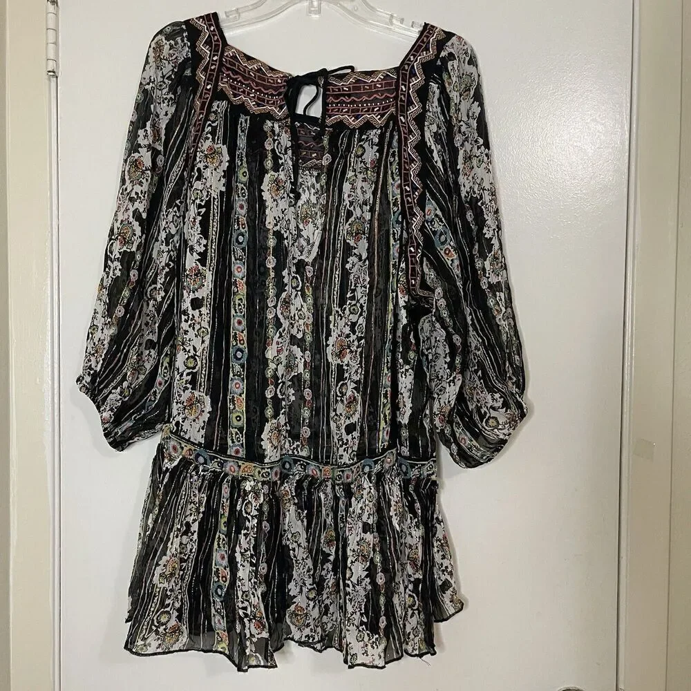 Free People Dance Magic Boho Black Sheer Embroidered floral Tunic Dress Small
